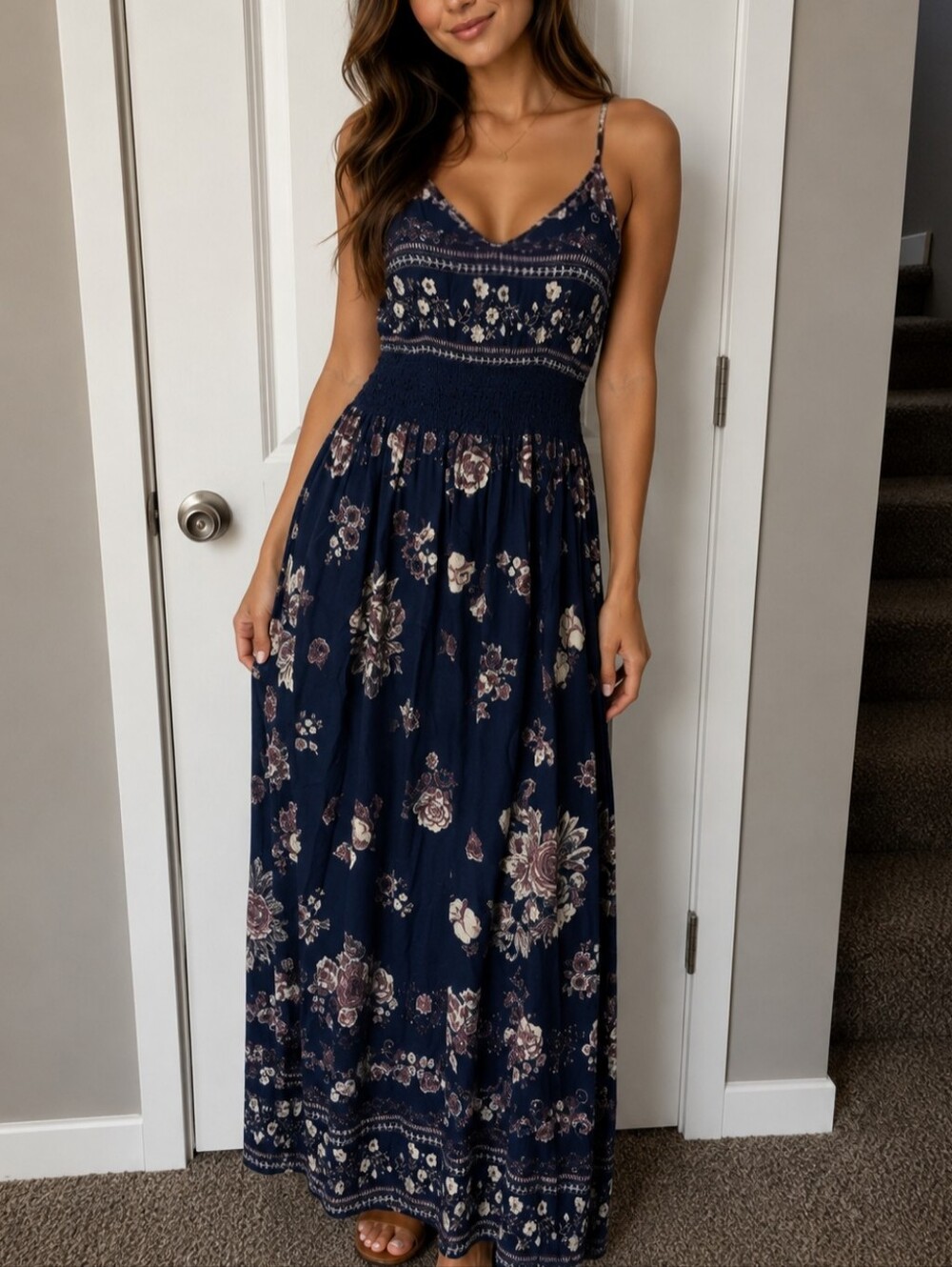 Navy Floral Maxi Dress with Crochet Waist